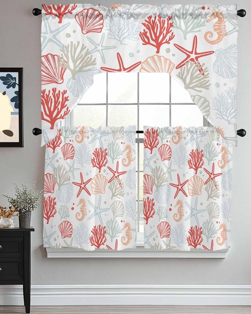 Jolunifun Ocean Orange Red Swag Kitchen Curtain Sets with Valance,3 Pieces Coastal Starfish Coral Shell Marine Curtain Drapes Rod Pocket for Bedroom Bathroom Cafe Windows,56''x36'' & 24''x27.5''x2Panels - Image 3